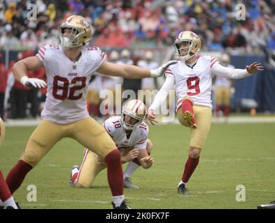 San Francisco 49ers place kicker Jake Moody (4) reacts to missing a ...