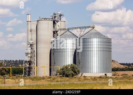 Grain storage in concrete elevators and metal bins near Nibbe, MT and Pompey’s Pillar in Yellowstone County - south-central Montana Stock Photo