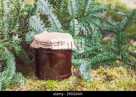 Cone jam on a stump in a pine forest Stock Photo