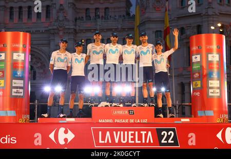 Movistar Team riders pictured during the podium ceremony after the final stage of the 2022 edition of the 'Vuelta a Espana', Tour of Spain cycling race, in Madrid, Spain, Sunday 11 September 2022.  BELGA PHOTO DAVID PINTENS Stock Photo