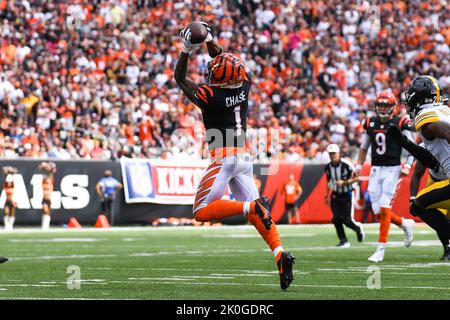 Cincinnati Bengals wide receiver Ja'Marr Chase (1) lines up for the snap  during an NFL football game against the Miami Dolphins on Thursday,  September 29, 2022, in Cincinnati. (AP Photo/Matt Patterson Stock