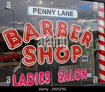The Barber Shop, at the foot of Penny Lane, Tony Slavins, 11 Smithdown Pl, Liverpool, Merseyside, England,UK, L15 9EH Stock Photo