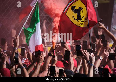 Monza, Italy. 11th Sep, 2022. Supporters take photos during the Italian Formula One Grand Prix at Monza Circuit, Italy, Sept. 11, 2022. Credit: Meng Dingbo/Xinhua/Alamy Live News Stock Photo