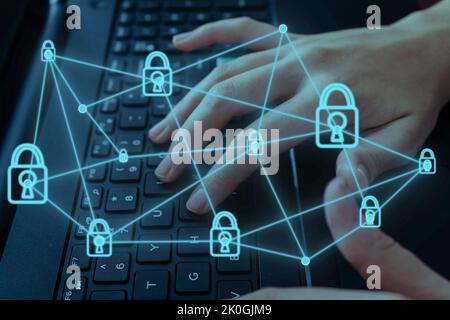 a Concept of computer security. Protection network against hacker attacks. Stock Photo
