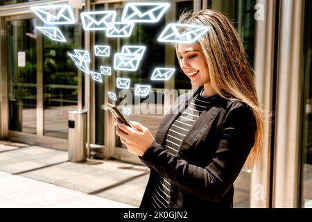 email marketing concept, woman reading e-mail on smartphone, receive new message Stock Photo