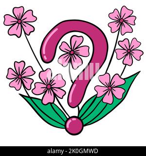 Hand drawn illustration of question mark with leaves flowers nature elements. Why concept for ecology environment environmental causes. Simple minimalist design with black line outline silhouette, spring summer print Stock Photo