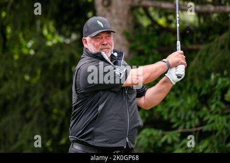 September 11, 2022: Golfers Tom Pernice Jr. and Darren Clarke shake hands  after their round on the final day of the Ascension Charity Classic held at  Norwood Hills Country Club in Jennings