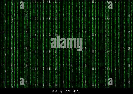 Computer coding with matrix technology in html sign language, letters falling in endless rain computer monitor Stock Photo