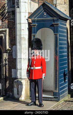 London, United Kingdom - July 23, 2012: Queen's Guard or Queen's Life Guard at St. James palace on 23rd of July 17, 2012 in London, England Stock Photo