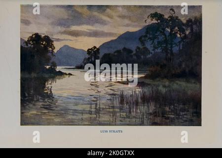 Luss Straits at dusk Painting by  E. W. Haslehust, from the book ' Loch Lomond, Loch Katrine and the Trossachs ' by Eyre-Todd, George, 1862-1937 Publication date 1900 Publisher London : Blackie Stock Photo