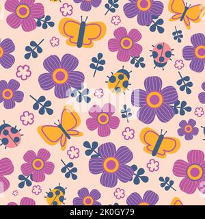 Flowers and butterflies pattern. Seamless print of cute cartoon colorful simple elements, summer garden flowers, bugs and butterflies kids Stock Vector