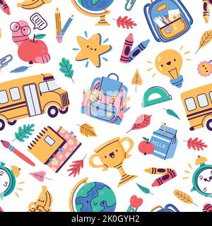 School badges pattern. Seamless print of education stationery supplies, cute colorful weekly planner book stickers. Vector texture illustration Stock Vector