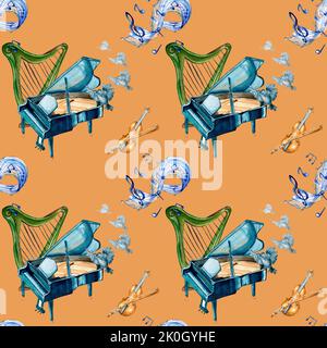 Piano, violin and harp watercolor seamless pattern on ocher. Illustration of musical instruments, notes, birds hand drawn. Design element for textbook Stock Photo