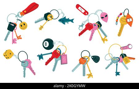 Doodle keychains. Vintage and modern keys with different heads keyrings and keyholders, simple real estate logo elements and house security symbols Stock Vector