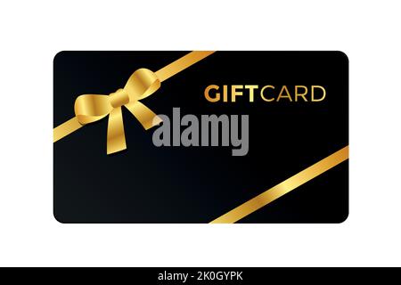 black gift card with golden bow ribbon on white background Stock Vector