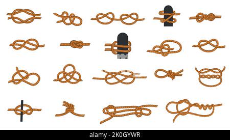Knot types. Cartoon knotted rope with ties and threads for boating and sailing, eight knot and squareknot. Vector nautical icons collection Stock Vector