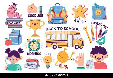 School stickers. Abstract bundle of stationery supply, cartoon daily routine planner sticker pack, colored education book reminder badges. Vector set Stock Vector