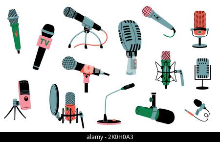Microphones collection. Music recording radio broadcast equipment, cartoon mic technology for karaoke, studio sound, concert, podcast interview Stock Vector