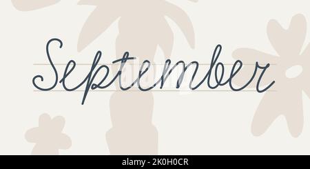 September. Handwriting text of the month of the year. Hand drawn lettering on a light background with abstract floral patterns. Stock Vector