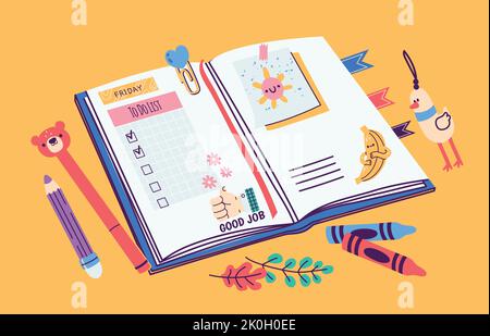 Open planner. Cartoon diary with notes reminder checklist plan colorful decoration, minimal cute notebook with stationery. Vector flat illustration Stock Vector