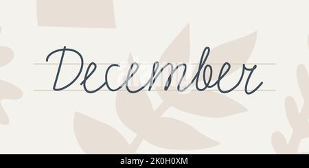 December. Handwriting text of the month of the year. Hand drawn lettering on a light background with abstract floral patterns. Stock Vector