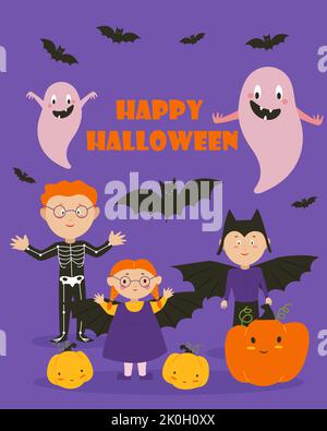 Postcard banner for Halloween, Children in costumes of ghosts and various mischief. Vector illustration Stock Vector