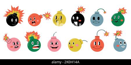Bomb character. Doodle explosive round weapon mascot with funny retro cartoon faces and expressions. Vector military weapon and explosive tool game Stock Vector