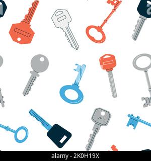 Keys pattern. Seamless print of doodle vintage key collection of different shapes sizes and various heads. Vector texture Stock Vector