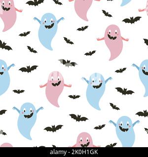 Funny ghosts and bats seamless pattern. Halloween print. Vector illustration in flat style Stock Vector