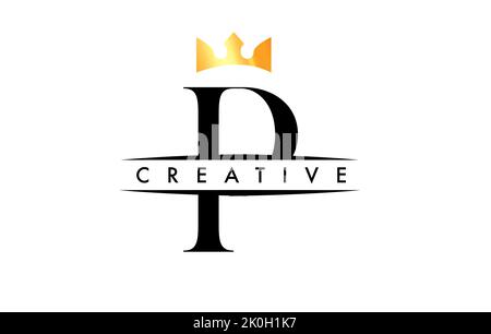 P Letter Logo with Creative Crown Design Icon and Golden Colors Vector Illustration Stock Vector