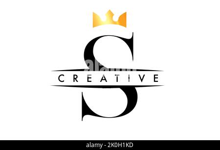 S Letter Logo with Creative Crown Design Icon and Golden Colors Vector Illustration Stock Vector