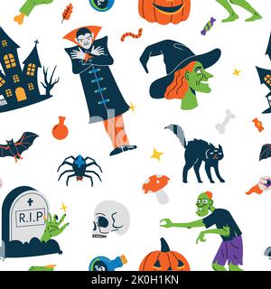 Halloween pattern. Seamless print with cute scary traditional symbols for october holiday decor packaging, cartoon spooky endless background. Vector Stock Vector