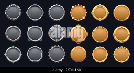 Game round metal button. Cartoon steel game asset frame UI icons, empty metallic circle medal rating badges mobile web app user interface. Vector Stock Vector