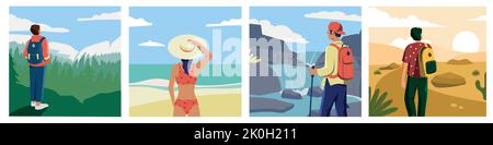 Travelers looking at nature. Cartoon persons exploring nature and enjoying wild life view, adventurers discover new horizons. Vector illustrations Stock Vector