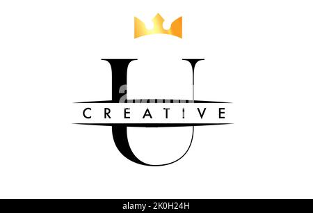 U Letter Logo with Creative Crown Design Icon and Golden Colors Vector Illustration Stock Vector