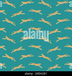 Vector seamless pattern of flat jumping cheetah isolated on green background Stock Vector