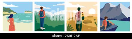People looking at landscape. Cartoon travelers and adventurers enjoying nature scenery and looking on horizon. Vector people at hiking and journey Stock Vector