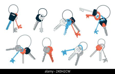Bunch of keys. Doodle abstract vintage and modern keys with different heads key rings and key holders, real estate property and security symbols Stock Vector