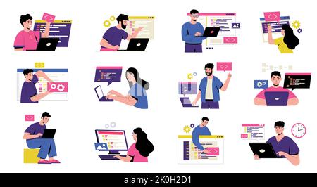 Coding characters concept. Cartoon developers working on web programming and application development, software testing metaphors flat style. Vector Stock Vector