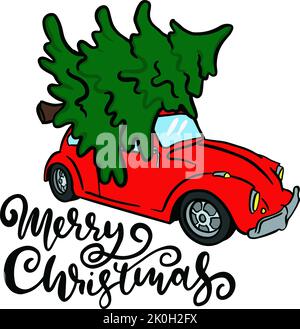 Red retro car with green Christmas tree on the roof. Sketch vector illustration for greeting card. Merry Christmas lettering. Stock Vector