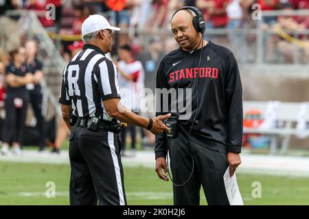 Stanford Cardinal head coach David Shaw in discussion with Referee Michael Mothershed during a time out of a NCAA college Football game against the Southern California Trojans, Saturday, Sept. 10, 2022, in Stanford, Calif. USC beat the Stanford 41-28. (Spencer Allen/Image of Sport) Stock Photo