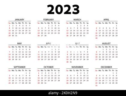 Horizontal pocket calendar on 2023 year. Vector template calendar for business on white background. Week starts from Sunday. Stock Vector