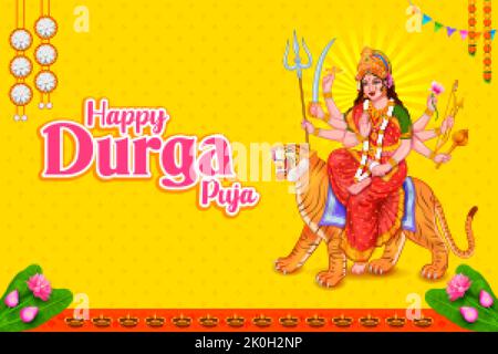 illustration of Goddess Sherawali Maa in Happy Durga Puja Subh Navratri Indian religious festival background Stock Vector