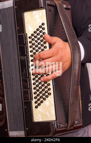 A man plays the accordion, up close. Vertical view Stock Photo