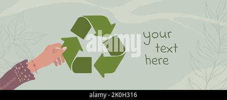 Copy space banner with female hand assembling green recycle arrows symbol. Concept of recycling and reuse for a clean ecological and natural planet. Stock Vector