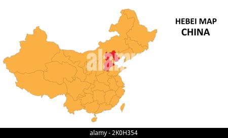 Hebei province map highlighted on China map with detailed state and region outline. Stock Vector
