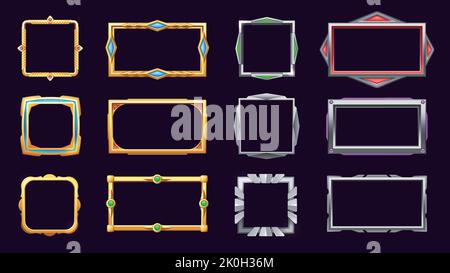 Game metal frame. Golden silver bronze UI RPG buttons, fancy empty border user interface sprite graphic, web mobile game asset items. Vector isolated Stock Vector