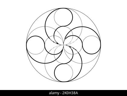 Mystical flower of fortune, four-leaf clover icon, sacred geometry, round logo tattoo in black line art style, geometric intersection of circles Stock Vector