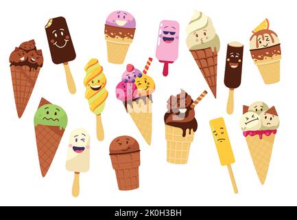 Ice cream character. Cartoon ice pops and frozen fruit ice isolated mascot symbols with cute kawaii faces and happy expression. Vector colorful set Stock Vector