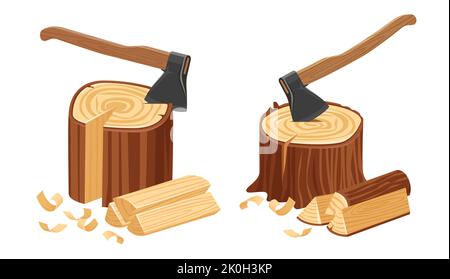 Axe tool in tree stump. Camping ax cuts wood or firewood. Logs and timber materials, natural lumber concept vector Stock Vector
